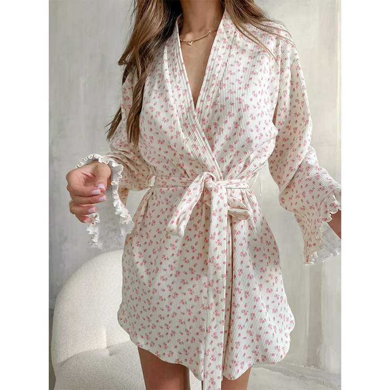 Custom Women's Robes, Sleepwear, Loose Floral Printed Knitted Ribbed Kimono Bathrobe, Drawstring Robe