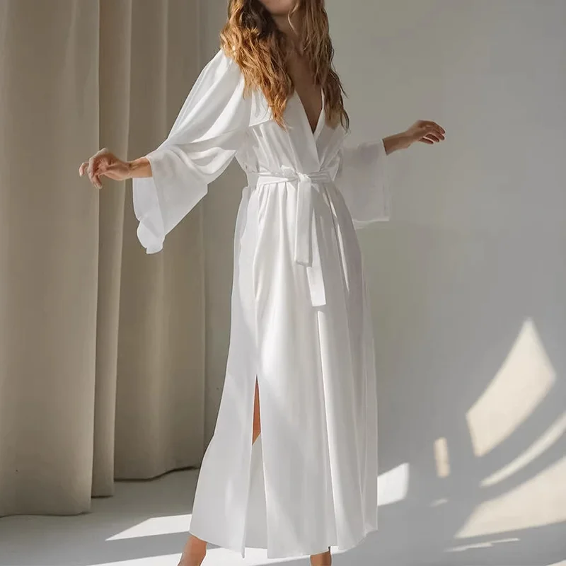 Custom Women's Robes Sleepwear Polyester Quick Dry Long Bathrobe Satin Ice Silk Drawstring Bridesmaid Robe Women