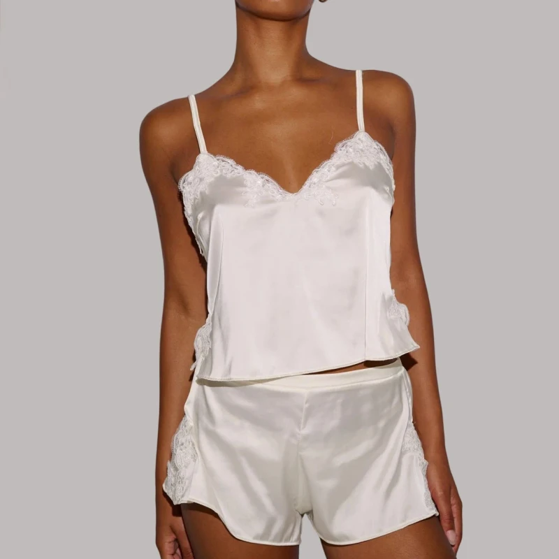 Custom Women's Satin Lace Trim Camisole and Shorts 2-Piece Pajama Set Sleepwear Set
