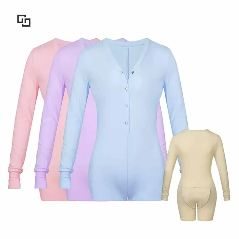 Custom Women's Sleepwear Charming Short Lady Adult Button Flap Cotton Onesie for Women Open Crotch Pajamas