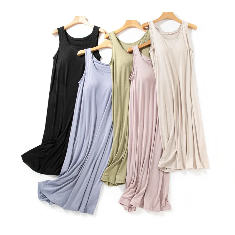 Custom Women's Solid Color Sleeveless Pajamas Halter Vest Medium Length Home Skirt Nightdress Sleepwear