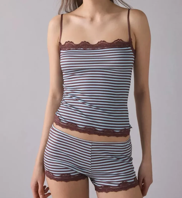 Custom Women's Striped Lace Trim Camisole Shorts Loungewear Set Square Collar 2 Piece Sleeveless Pajamas Manufacturer