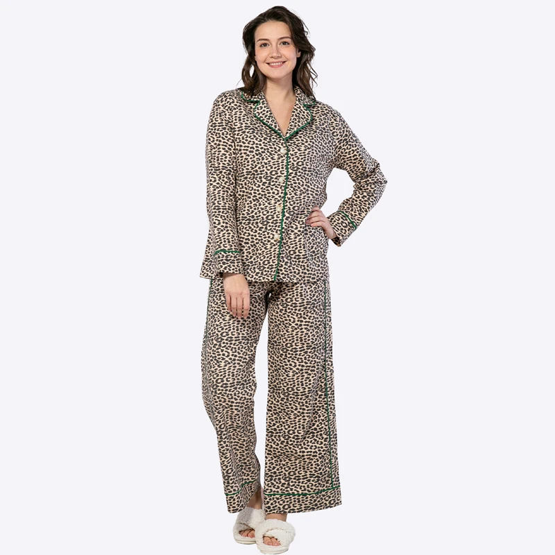 Custom Women's Woven Leopard Print Contrast Trim Pajama Set Long Sleeve Button Down Two Piece Loungewear Manufacturer