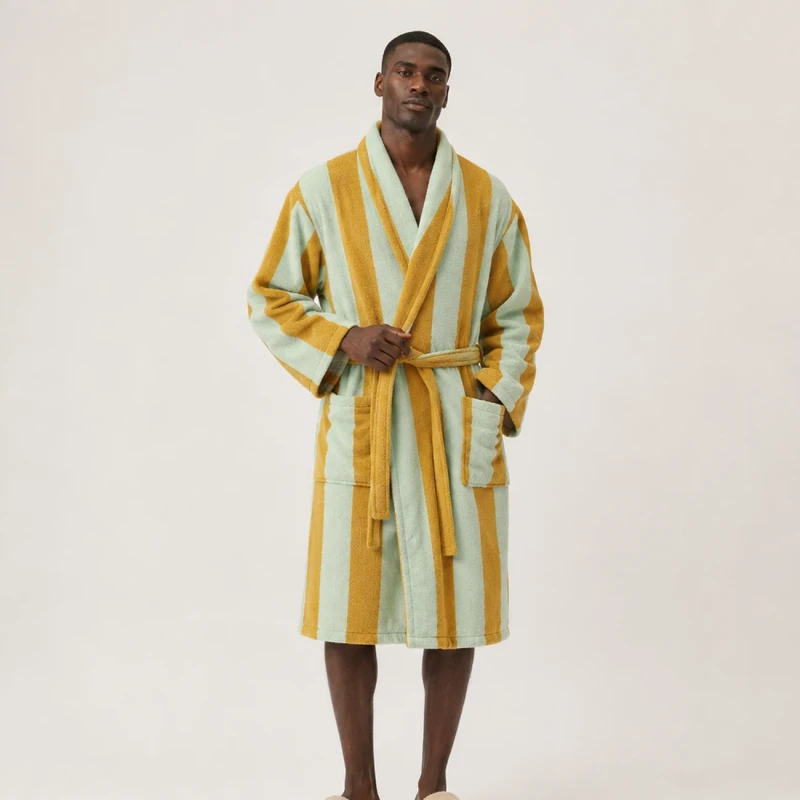 Custom logo Bathrobe High Quality Men Bathrobe 100% Cotton Breathable Absorbent Striped Bathrobes