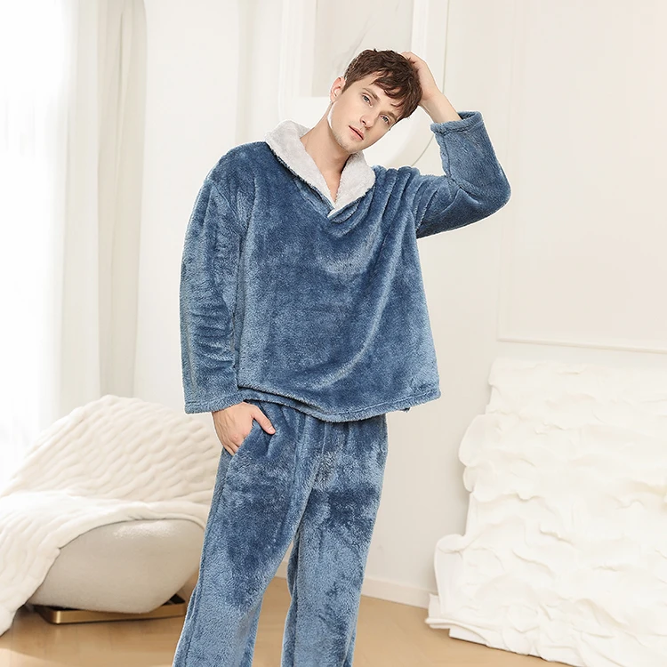 Custom logo Heavy Weight High Quality Daily Men Loose Winter Fleece Pajamas Set for Men