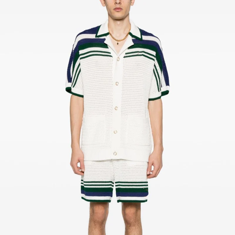 Custom logo Knitted Top Knitwear Button up Cardigan Summer Casual Crochet 2 Piece Short Pants Set Men Crochet Polo Shirt