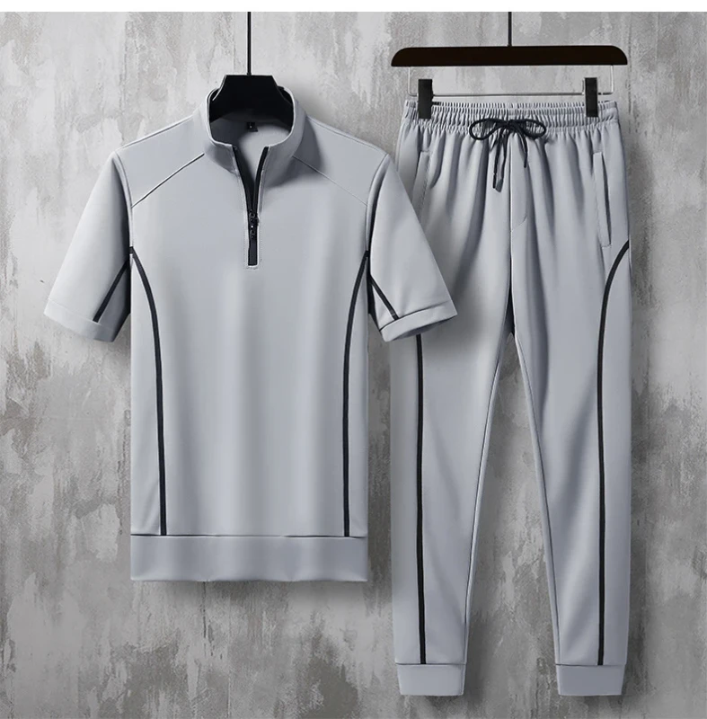 Custom logo Men's Clothes Casual Cotton Short Sleeve Shirt and Pants 2 Pcs Set Men Outfits Cotton Fabric Casual Tracksuit Slim