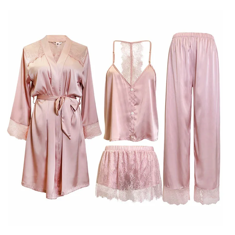 Custom pink Sexy Long Mulberry Silk Satin Robe Grow and Pajamas Set for Women in Bulk