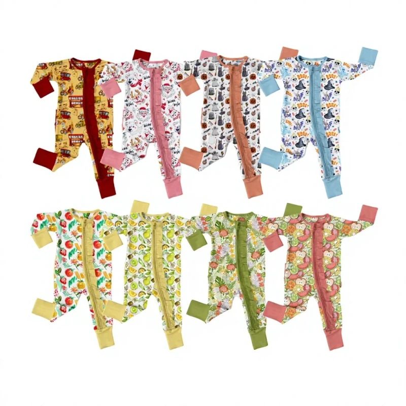 Customizable Cross Border Bamboo Fiber Breathable Soft Two Way Zipper Long Sleeves Baby Bubble Romper Children Bodysuit Pajama