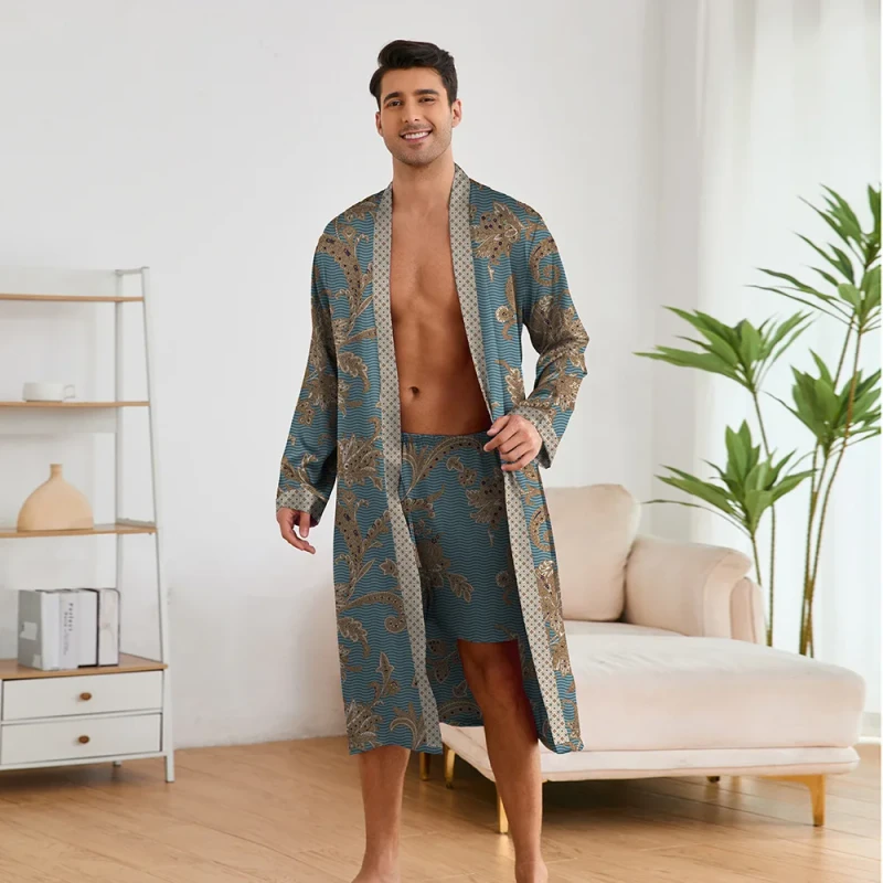 Customizable Printed Men's Crocheted Bathrobe Knee Length Long Sleeve Robe with Front Logo for Summer Home Clothes