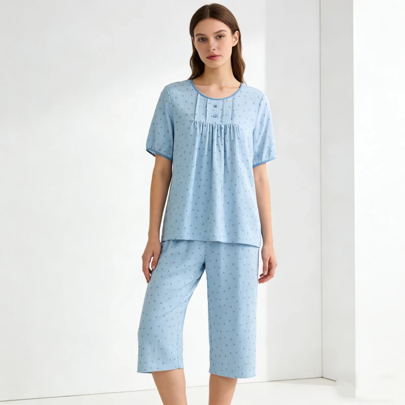 Customization Women's Soft Cotton Print Pajamas Set Short Sleeve Round Neck Loungewea