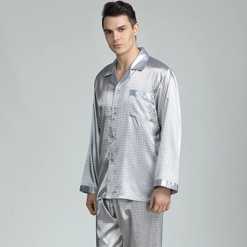 Customize Men's Casual Thermal Soft Cozy Long Sleeve Silk Satin Pajamas Suit with Thin Ice Fabric