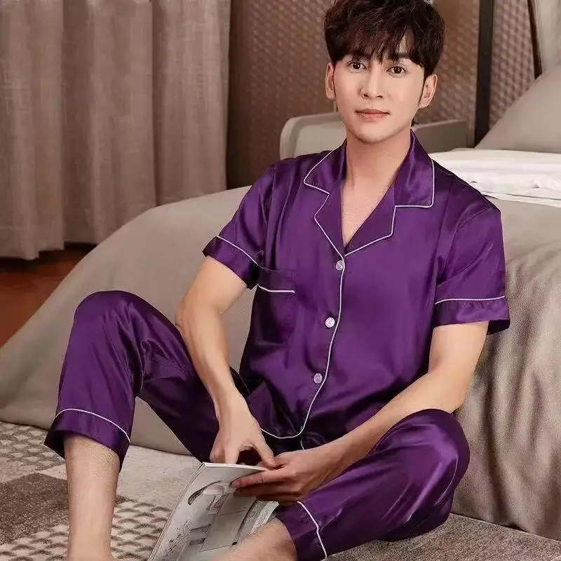 Customize Men's Satin Solid Color Short Sleeve Pajamas and Pants Sets Loungewear Sleepwear for Summer Plus Size Wear