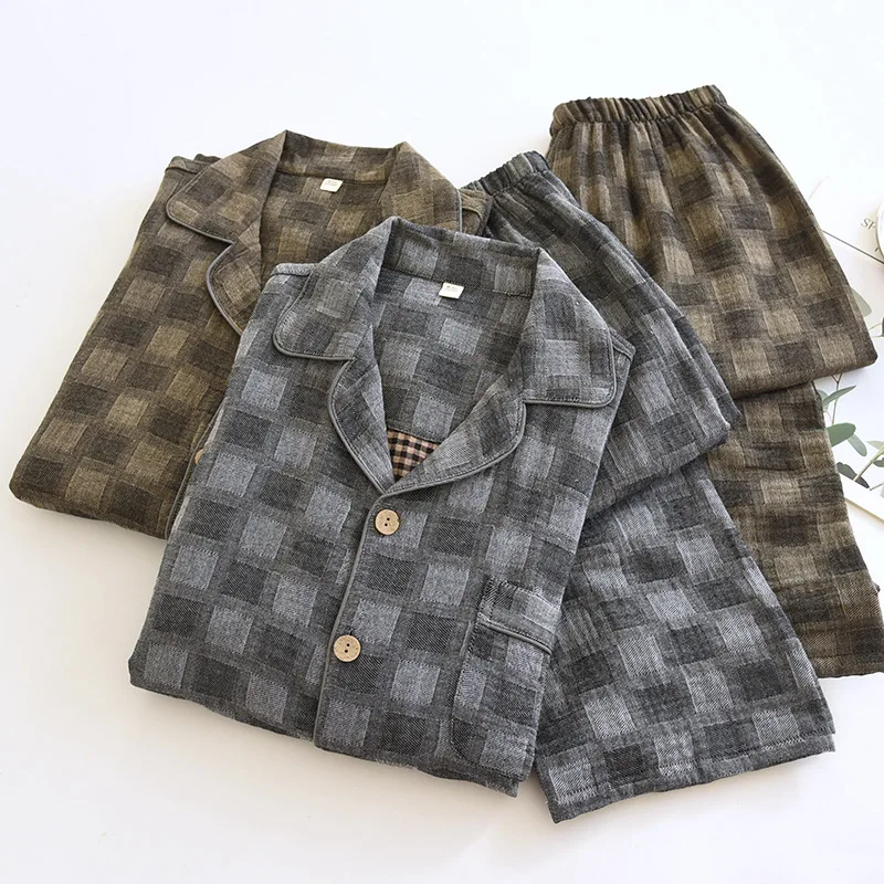 Customize Pyjamas Men Pajamas Set 100% Cotton Brushed Pjs Classic Plaid Long Sleeve Tops Pants Warm Sleepwear Loungewear