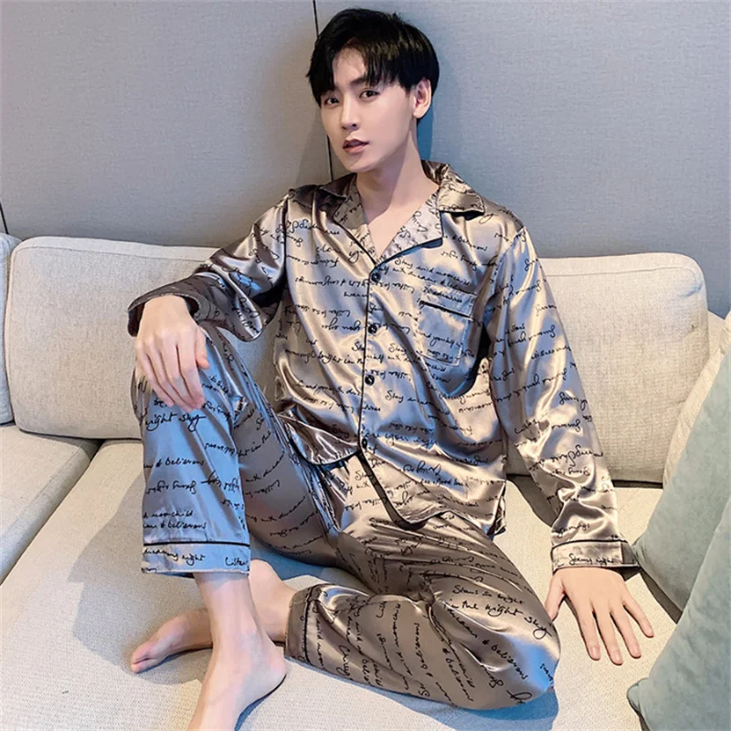 Customize Pyjamas Sleepwear Thin Silk Pajamas Set Men Long Sleeve Jacquard Home Suit 5XL Oversized Loose Casual Loungewear OEM