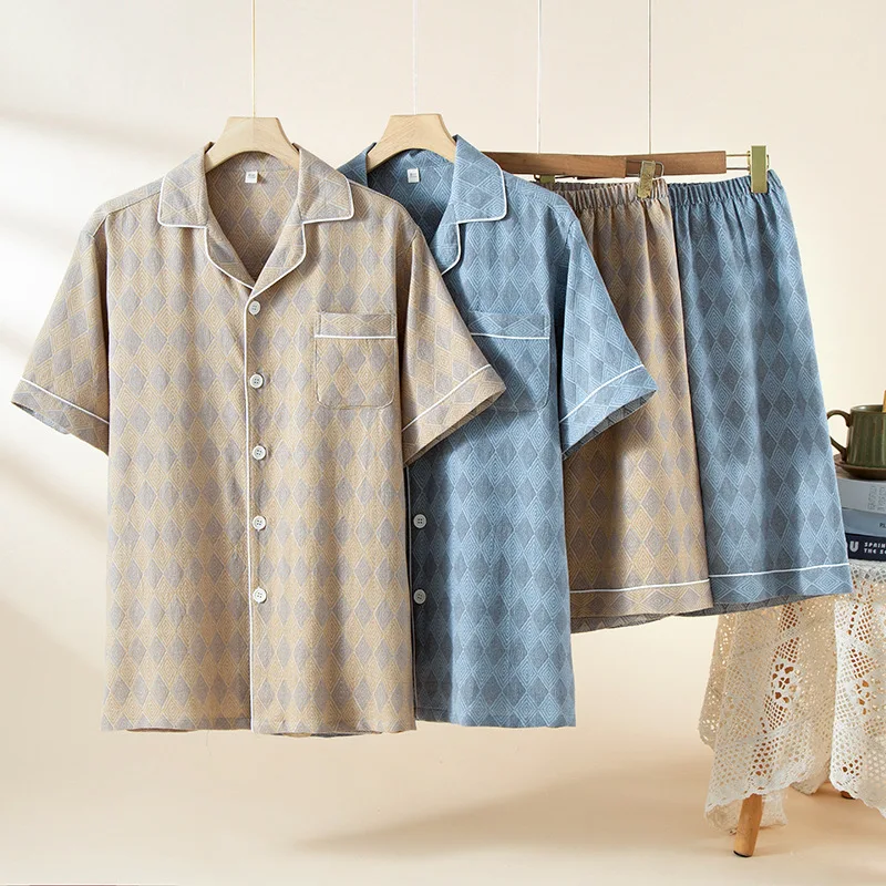 Customize Pyjamas Soft Men Pajama Set Short Sleeve Button up Shirt and Shorts 2 Piece 100% Cotton Pj Sets Sleepwear Manufacturer