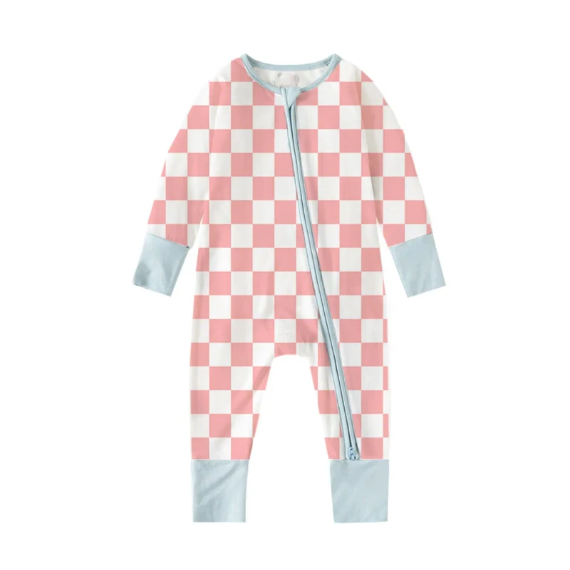 Customize Solid Color Plaid Baby Pajamas Bamboo Kids Clothes Toddler Children's Sleep Wear New Born Baby Rompers