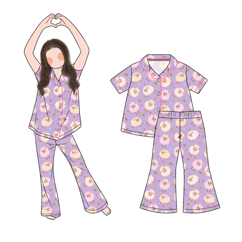 Customized 2pcs Pajama Bamboo Sleepwear Girls Kids Child Clothing Designs Long Pants Short Sleeve Custom Pajamas
