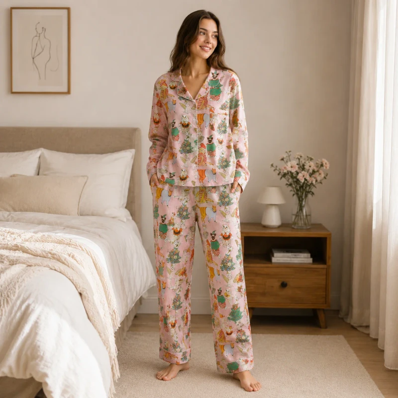 Customized Bamboo Modal Summer Lady Long Sleeve Pijama Set Pattern Breathable Mama Sleepwear Nighty Women's Pajama Set