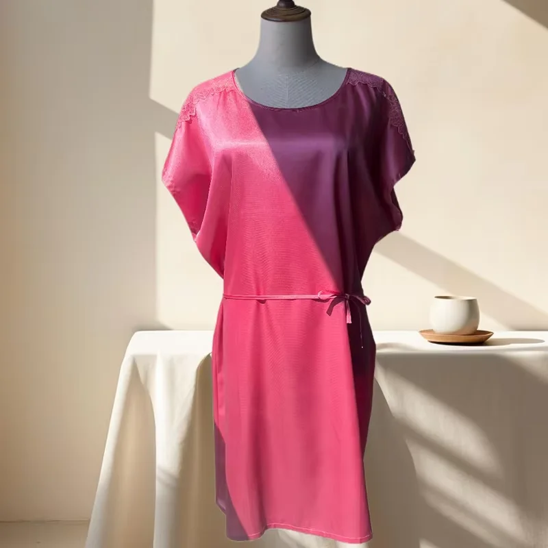 Customized Breathable Solid Satin 100% Polyester Short Sleeve Nightdress for Women Summer Autumn Spring Home