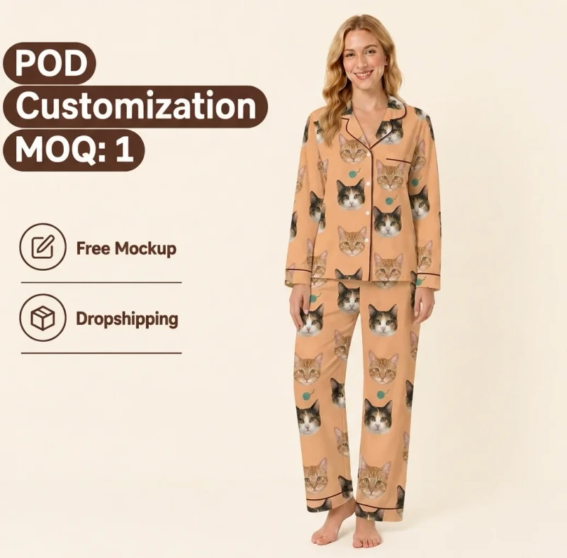 Customized Cat Face Plaid Pajamas Long Sleeve Women Notch Collar Nightwear Personalized Photo Loungewear