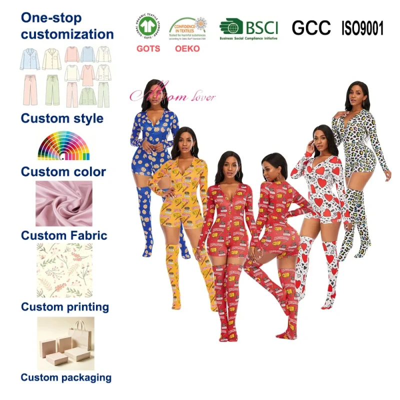 Customized Deep V neck Sexy Nighty Sexy Sleepwear Woman Onesie Pajamas Jumpsuit Valentine Day Pjs