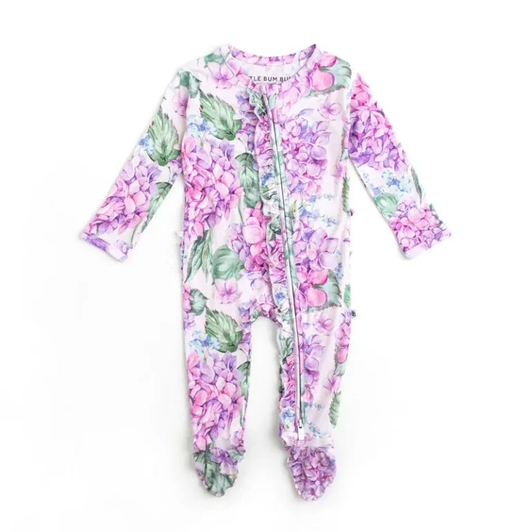 Customized-Design-Hydrangea-Bamboo-Ruffle-Footed-Sleeper-and-Play-Bamboo-Baby-Romper-Toddler-Clothes-Boutique-Bamboo-Pajamas