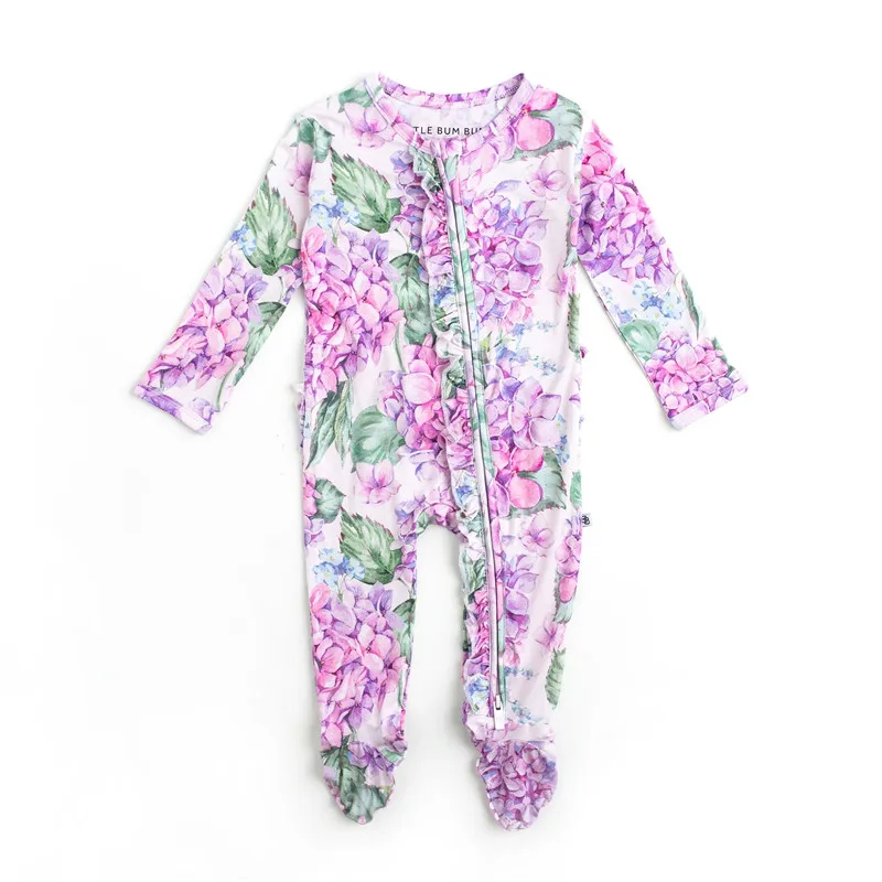 Customized Design Hydrangea Bamboo Ruffle Footed Sleeper and Play Bamboo Baby Romper Toddler Clothes Boutique Bamboo Pajamas