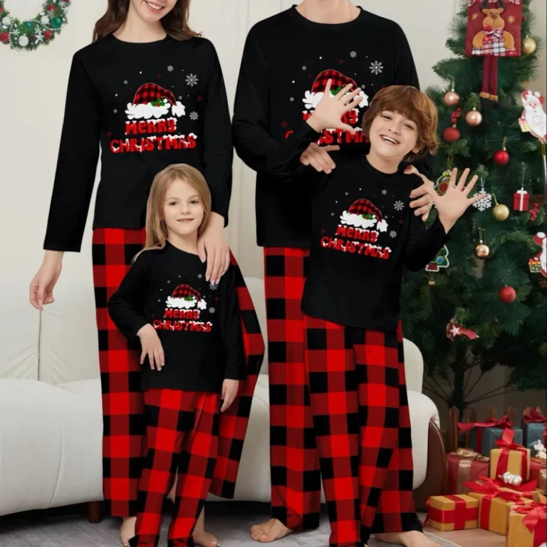 Customized-Knitted-Elastic-Waist-Xmas-Pyjamas-Set-Long-Sleeve-Red-Black-Plaid-Family-Matching-Christmas-Front