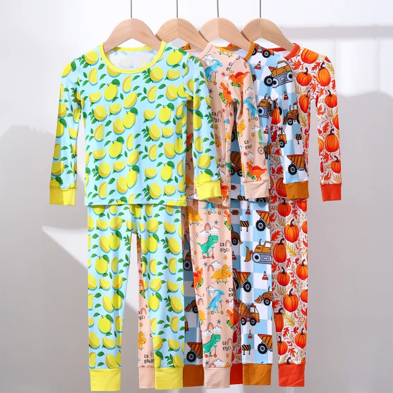 Customized Logo Pattern Spring Children Unisex Lounge Set Long Sleeve Two Piece Toddler Pajama Sets Bamboo Spandex Eco Friendly
