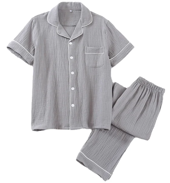 Customized Men's Short Sleeved Pajamas Set Home Sleepwear Breathable 100% Cotton Plain Dyed for Summer