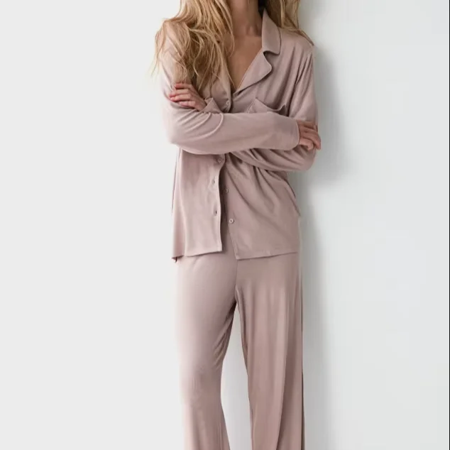 Customized Modal Bamboo Fiber Cotton Women's Pajamas Breathable Soft Solid Color Collar Elastic Pajama Set