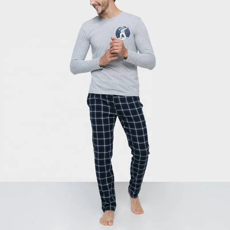 Customized Organic Cotton Polyester Winter Pajama Sets Single Jersey Long Sleeve Top Pants Men's Set Men Sleepwear