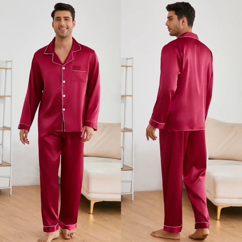 Customized Satin Silk Men's Pajama Set Pants and Top in 2 Pieces Adult Long-sleeved Solid Satin Men's Pajamas