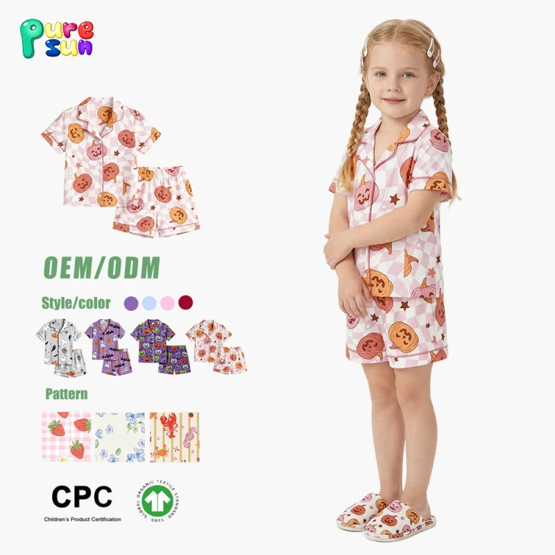 Customized Short Sleeve Girls Pajamas Halloween Pumpkin Print Kids Pajamas 100% Cotton Children Sleepwear Sets