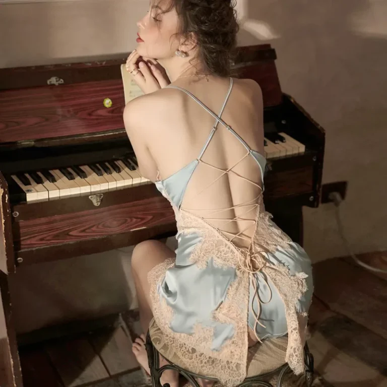 Cute-Camisole-and-G-String-Womens-Lace-Sleepwear-Suit-Satin-Elegant-Pajamas-Set