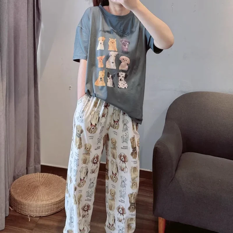 Cute Cartoon Dog Women's Pajamas Set Spring Summer 100% Cotton Three Quarter Sleeve Ankle-Length Pants Breathable Soft