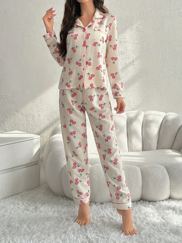 Cute Cherry Print Women's Pajama Set Soft Breathable Long Sleeve Sleepwear Loungewear