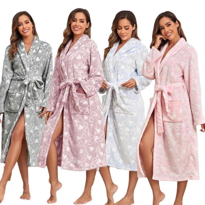 Cute Polka Dot Print Autumn Winter Casual Hooded Fleece Robe Belt Long Sleeve Pocket Soft Breathable Women's Nightgown Sleepwear