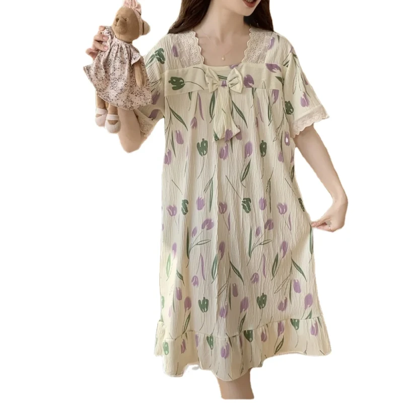 Cute Polyester Lace Cartoon Long Sleeve Women's Pajama Suit Elegant Fancy Girls' Summer Spring Nightdress Casual Knitted