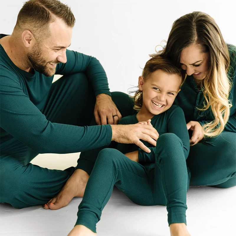 Dad Mom Kids Solid Rib Knit Long John Set Matching Family Pajamas Set