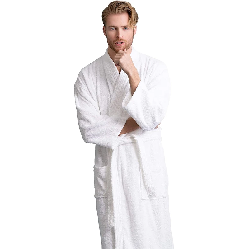 Design 100% Cotton Terry Kimono Men's Bathrobe Custom Super Soft and Breathable Unisex Hotel White Bath Robes with Logo