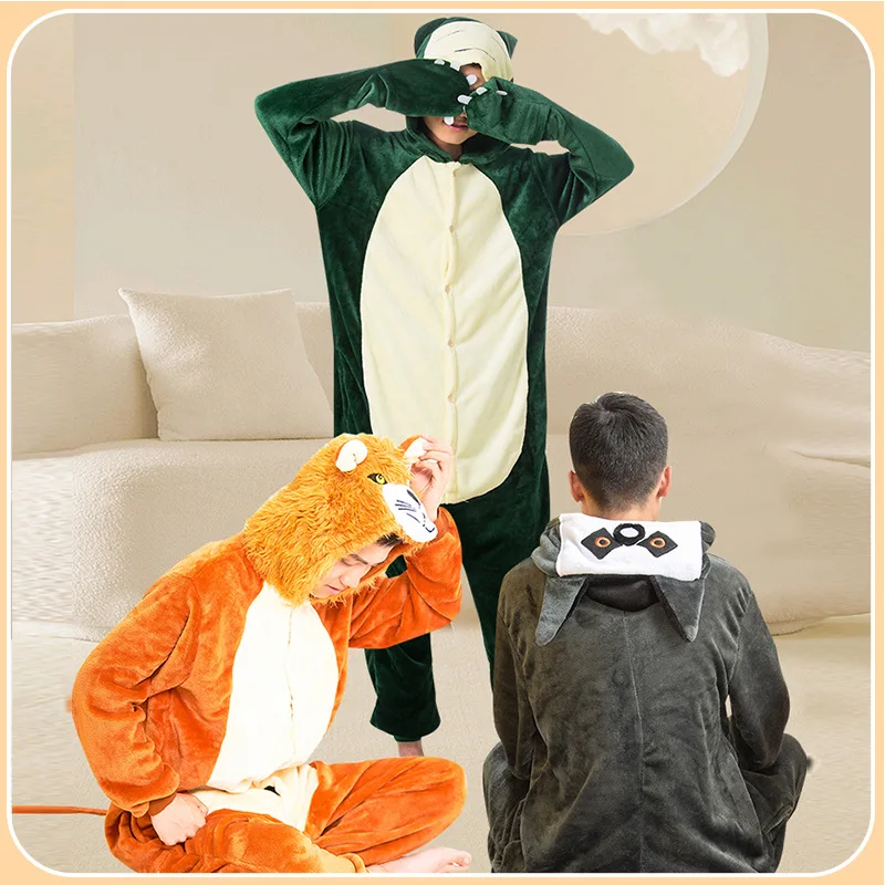 Dinosaur Onesie for Adults Animal Costume Pajamas with Hood Winter Flannel Robe Jumpsuit for Couples Loungewear to Wear Outside
