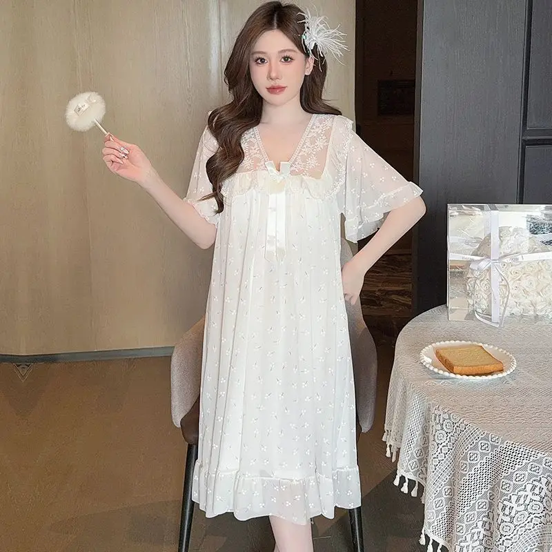 Direct Sales Sweet Printing Lace Trim Pajamas Summer Plus Size Short Sleeve Nightdress Princess Style Women's Sleepwear Dresses