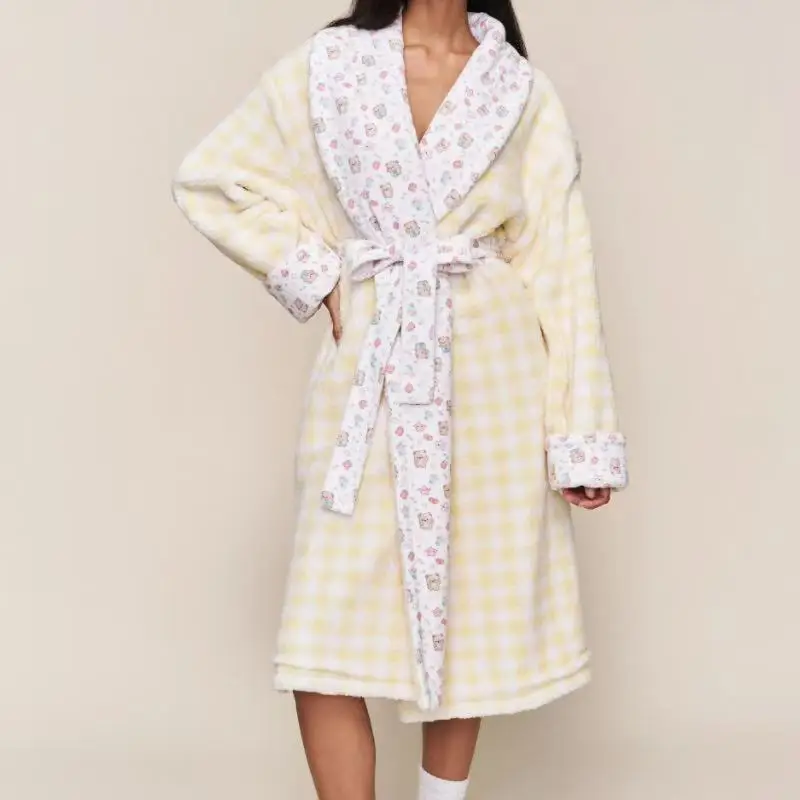 Double-Sided Reversible Bathrobe Women's Spa Robe Long Soft Terry Lined Bath Towel with Quick-Dry Feature