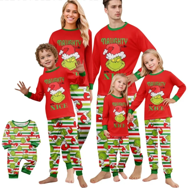 Drop-Shipping-Christmas-Pajamas-Cotton-Blended-Grinch-Print-Family-Matching-Pajama-Set-with-Elastic-Waist-for-Summer-Home-Party