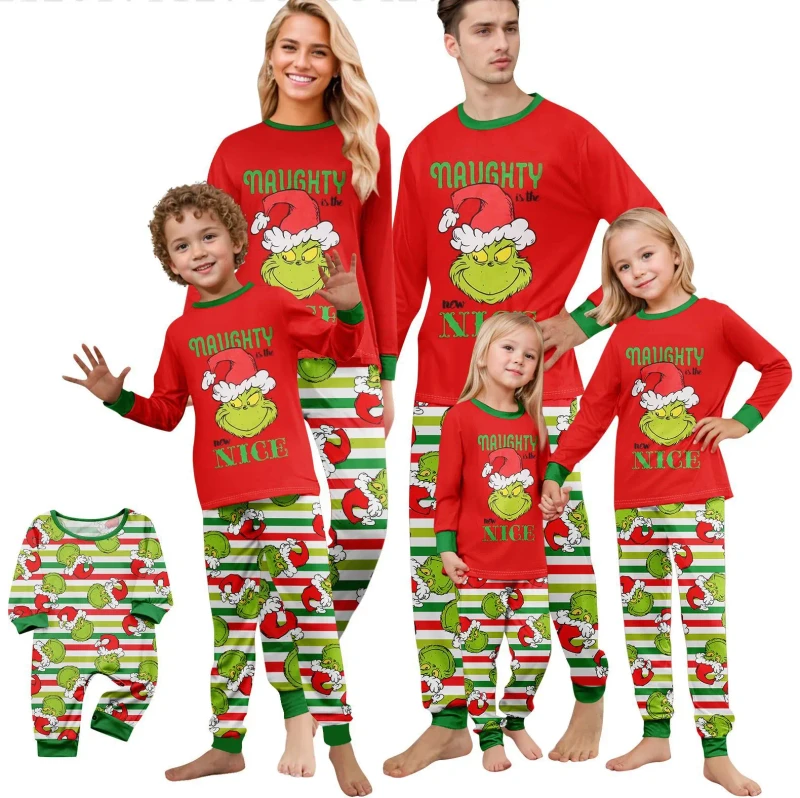 Drop Shipping Christmas Pajamas Cotton Blended Grinch Print Family Matching Pajama Set with Elastic Waist for Summer Home Party