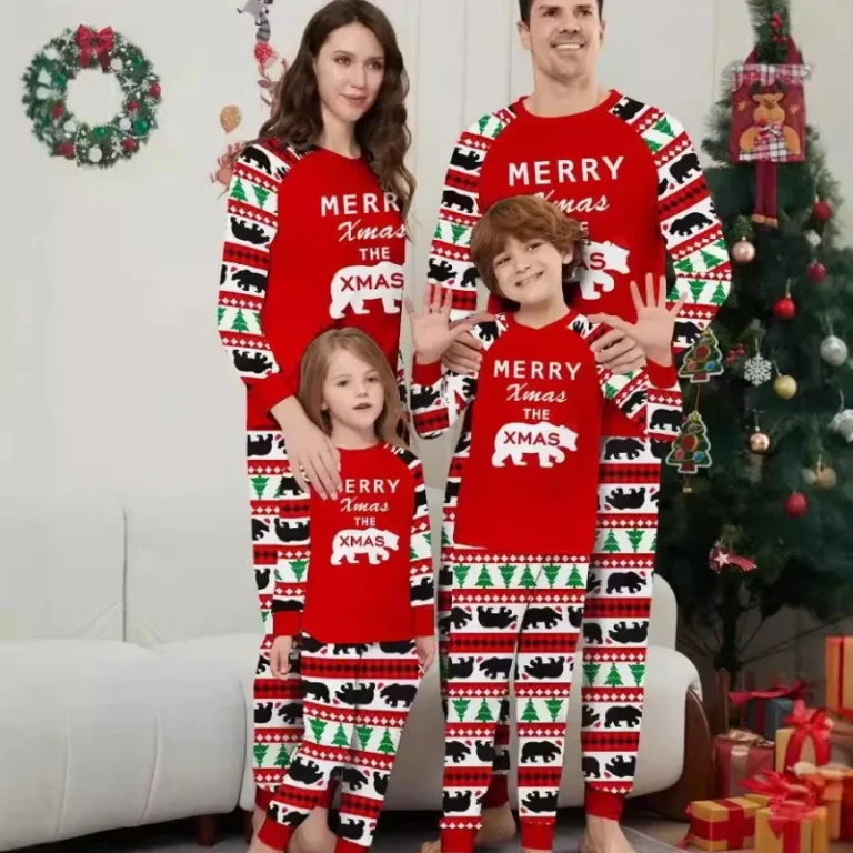 Dropshipping-Customized-Red-Family-Pajamas-Low-MOQ-Womens-Sleepwear-Homewear-Christmas-Polar-Bear-Print-Front-Logo-for