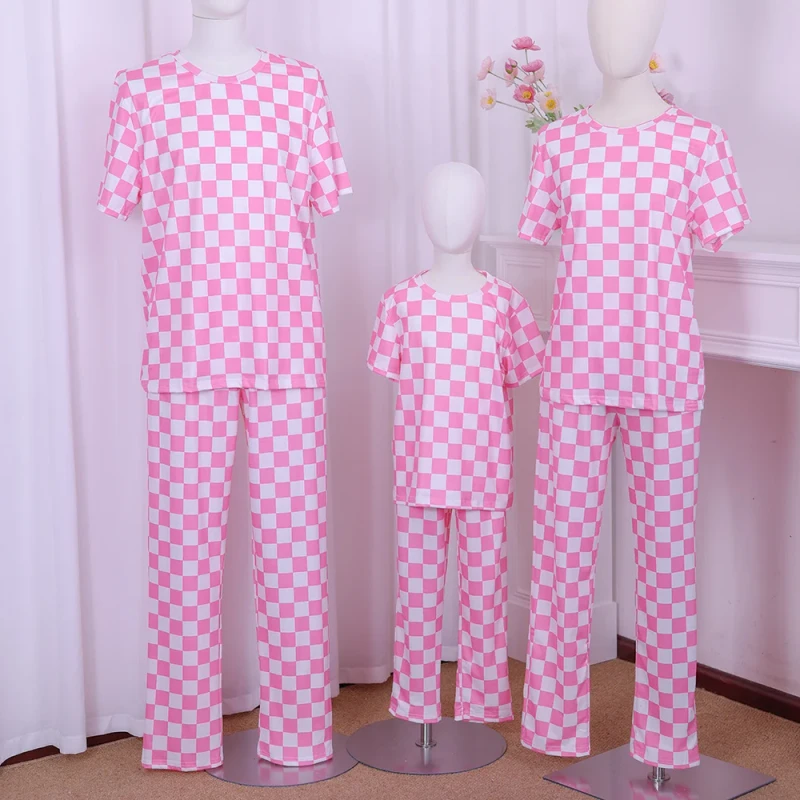 Dropshipping Summer Pink Plaid Printed Christmas Pajama Set 2pcs Matching Shirt and Pants with Short Sleeves for Families