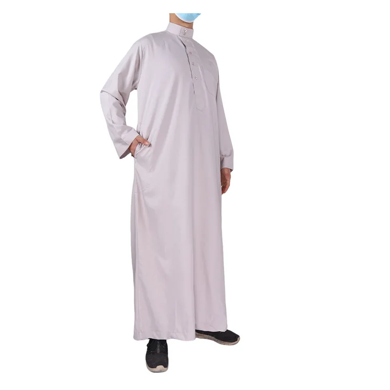 Dubai Kaftan Set for Adults Men's Muslim Robes Islamic Clothing with Neck Prayer Robe Thawb for Eid Arab Middle East Style